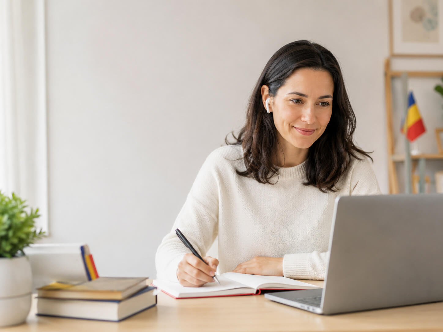 Cursant adult care participă la o lecție online live de limba română