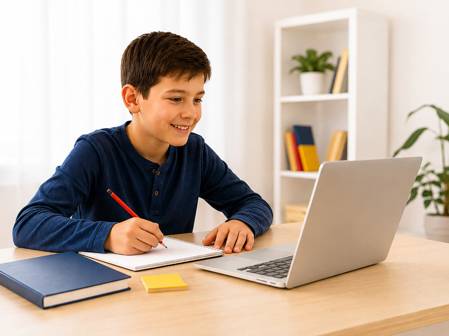 Un copil de vârstă școlară scrie în timp ce participă la o lecție online live de limba română