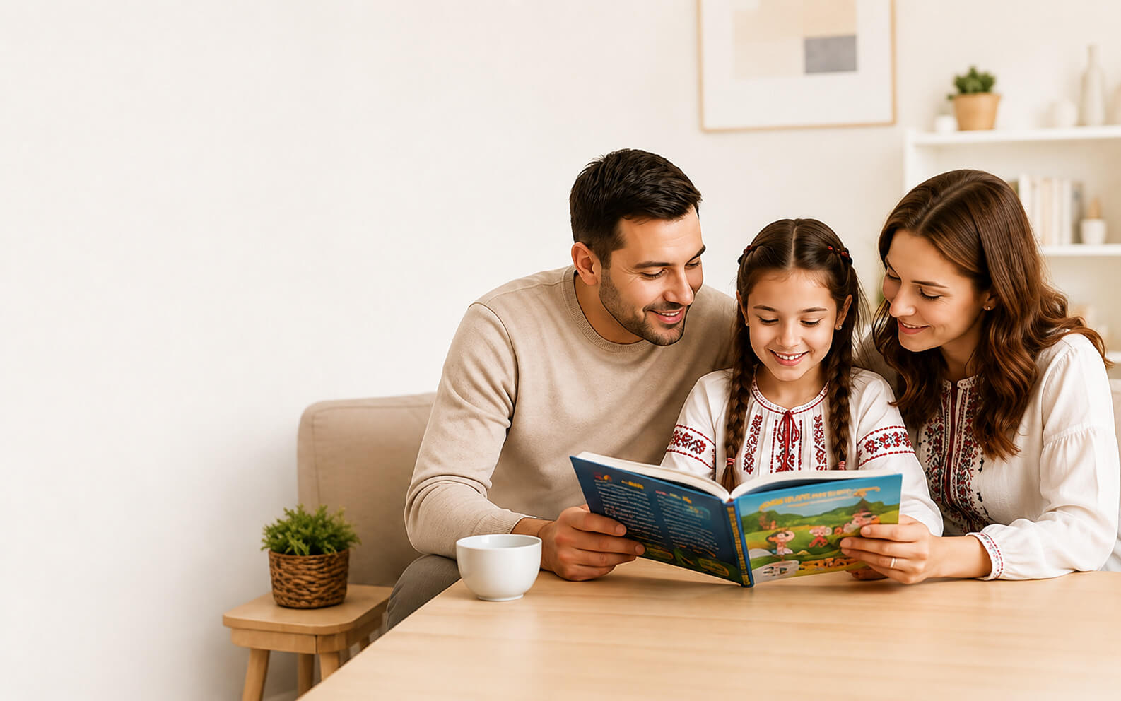 O familie româno-americană citește împreună acasă